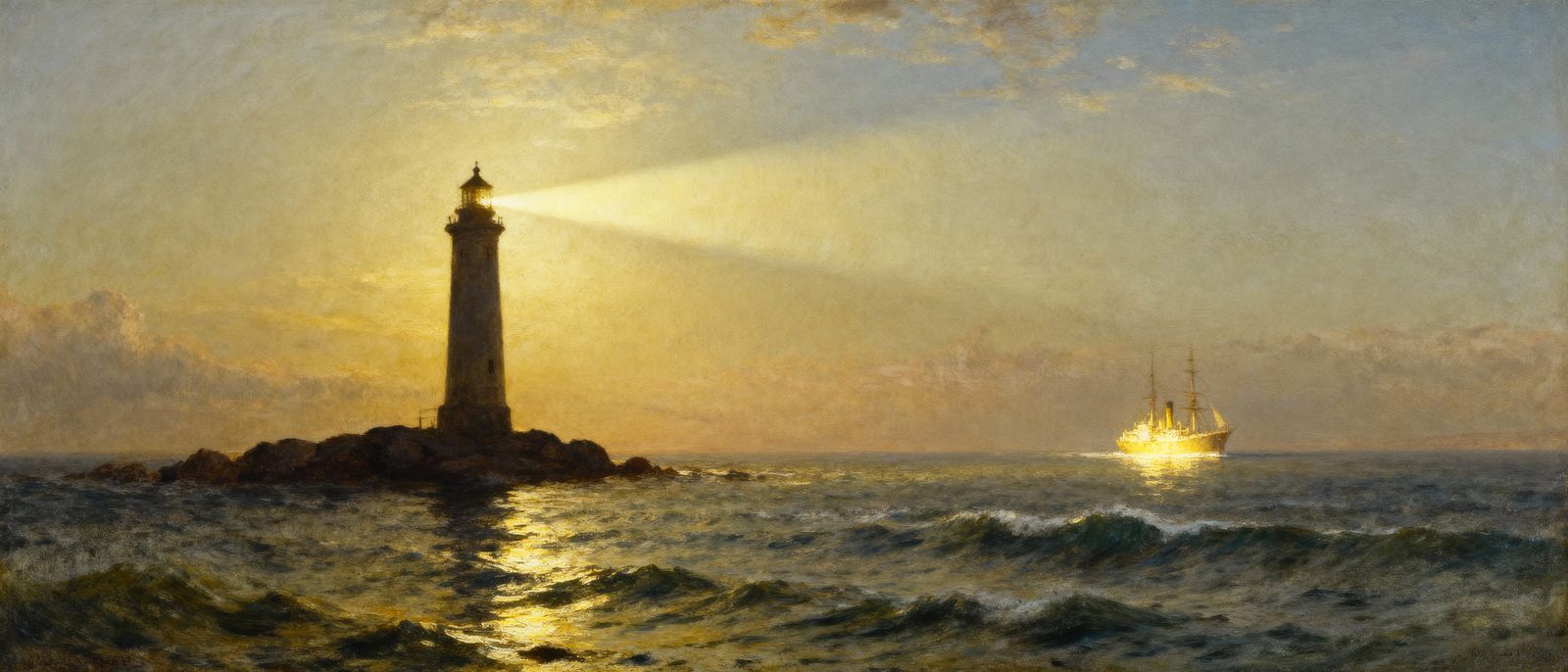 Lonely Lighthouse Beam Guides Ship Under Clear Daytime Sky