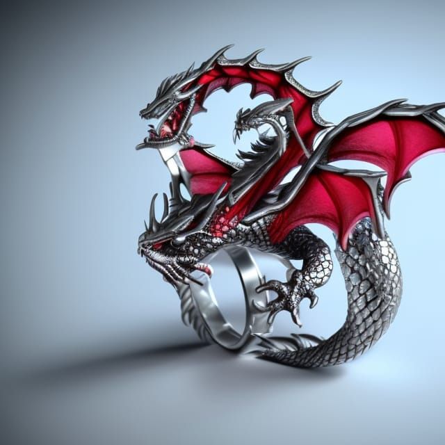 Silver Dragon Ring with Ruby Gemstone in Art Nouveau Style