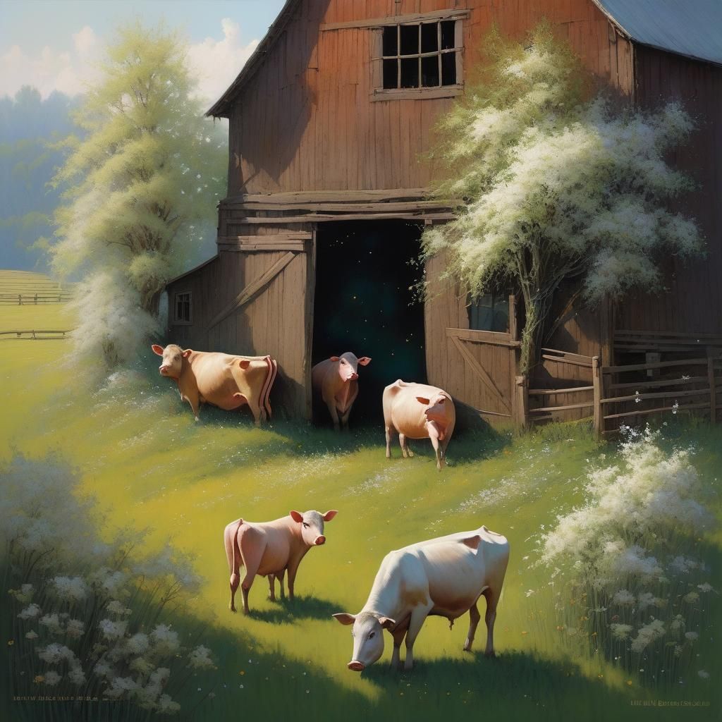 Whimsical Farm Scene with Grazing Animals