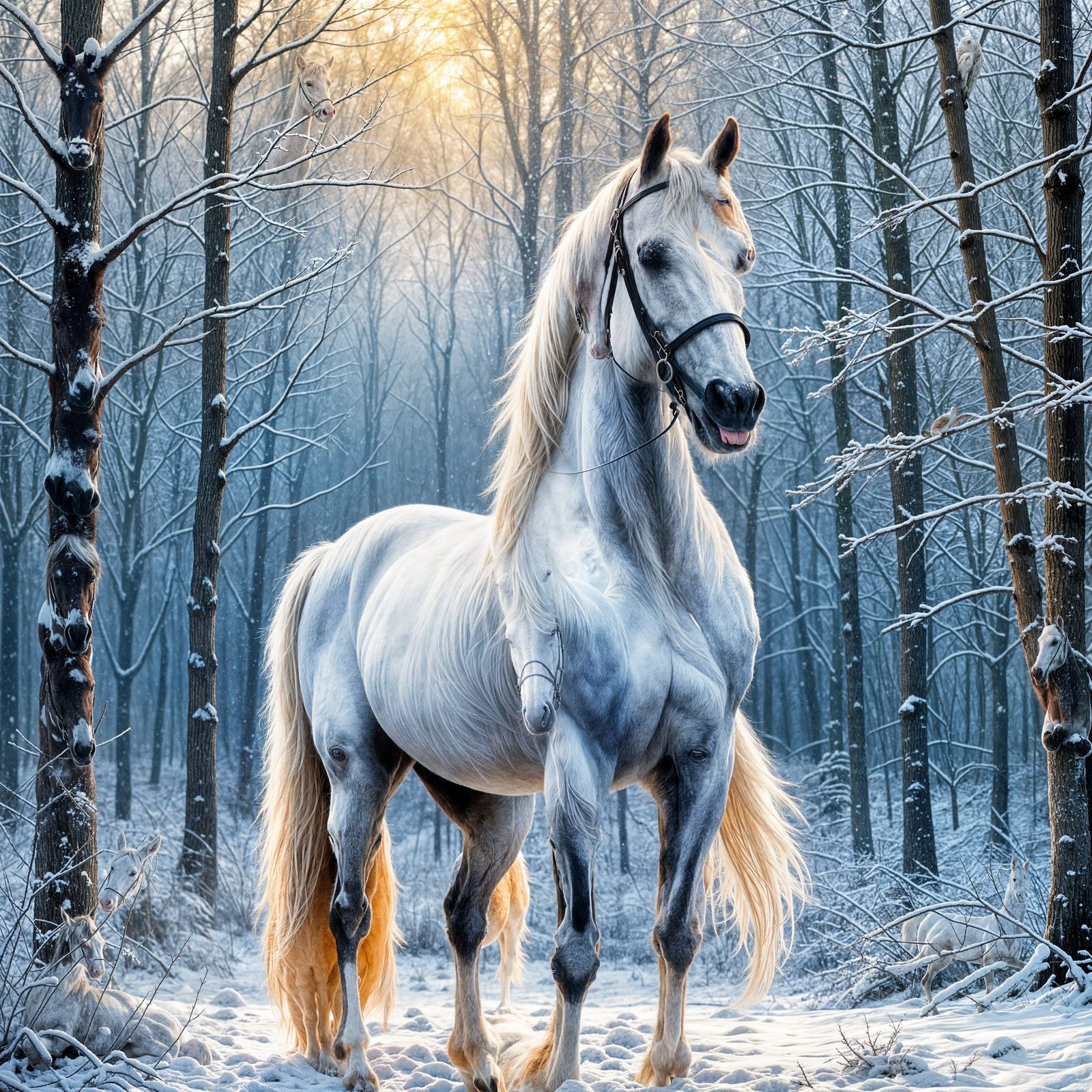 White Saddlebred Horse in Winter Forest
