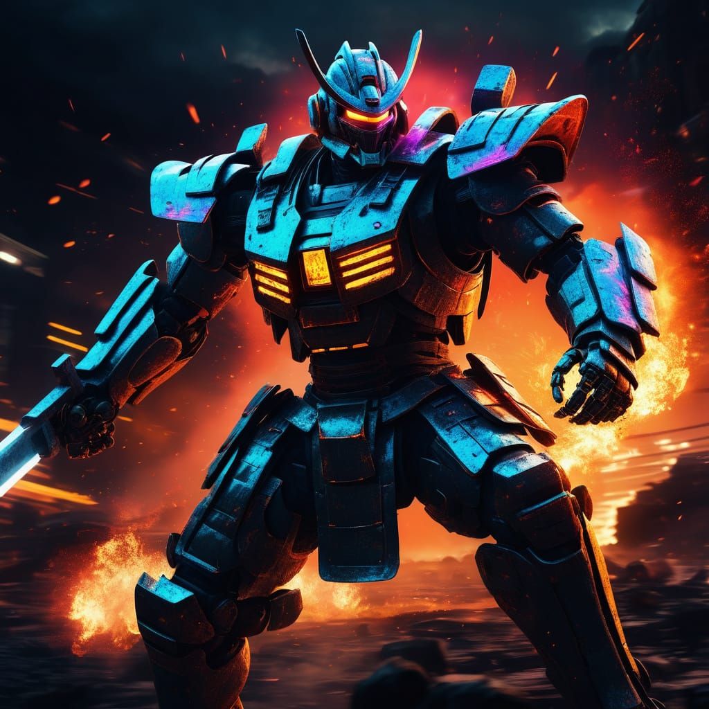 Samurai Robot in Epic Battle, Digital Art