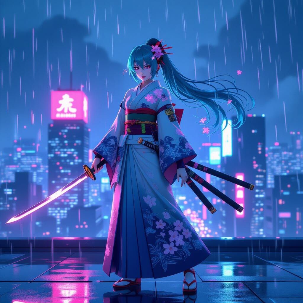 Hatsune Miku Cyberpunk Samurai in Futuristic Tokyo