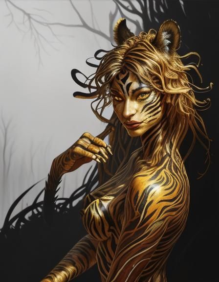 Woman's Surreal Transformation into Tiger, Fauvist Painting