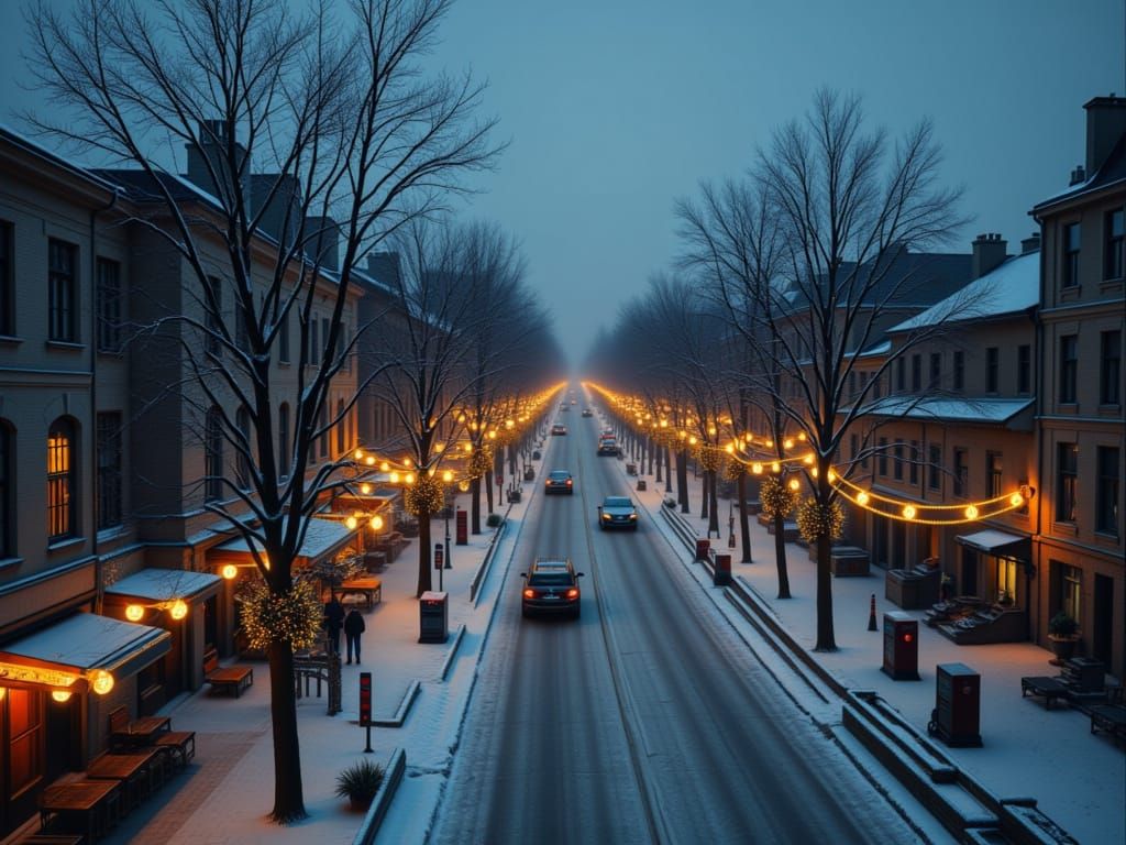 Bustling Winter City Square in Photorealistic Style