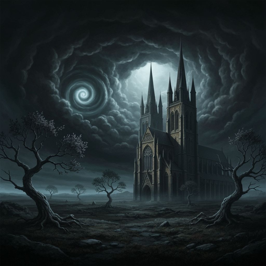 Gothic Cathedral Over Moor in Dark Fantastical Style