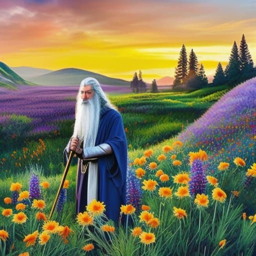 Gandalf in California Meadow: Hyperrealistic Concept Art