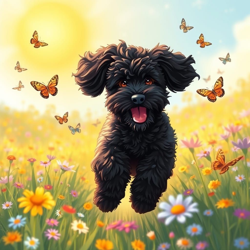 Whimsical Black Labradoodle Leaps in Vibrant Wildflower Fiel...
