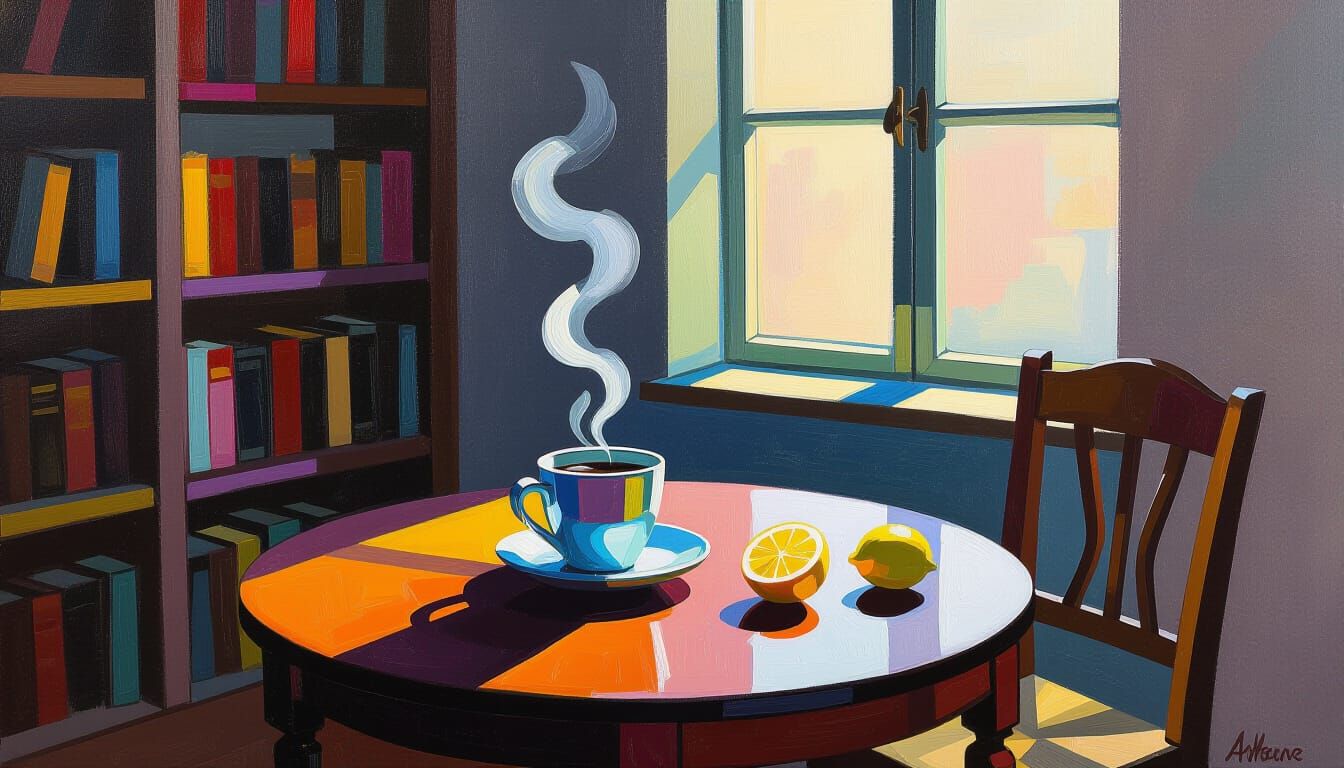 Abstract Expressionist Room with Still Life and Neon Accents