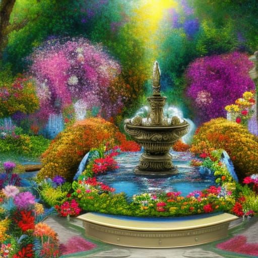 Polychromatic Fantasy Garden with Fountain, Digital Art