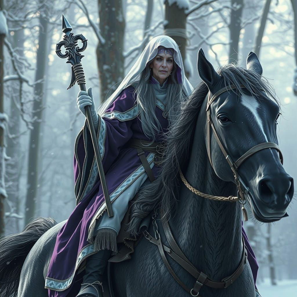 Ethereal Cleric Rides Snowy Forest with Staff