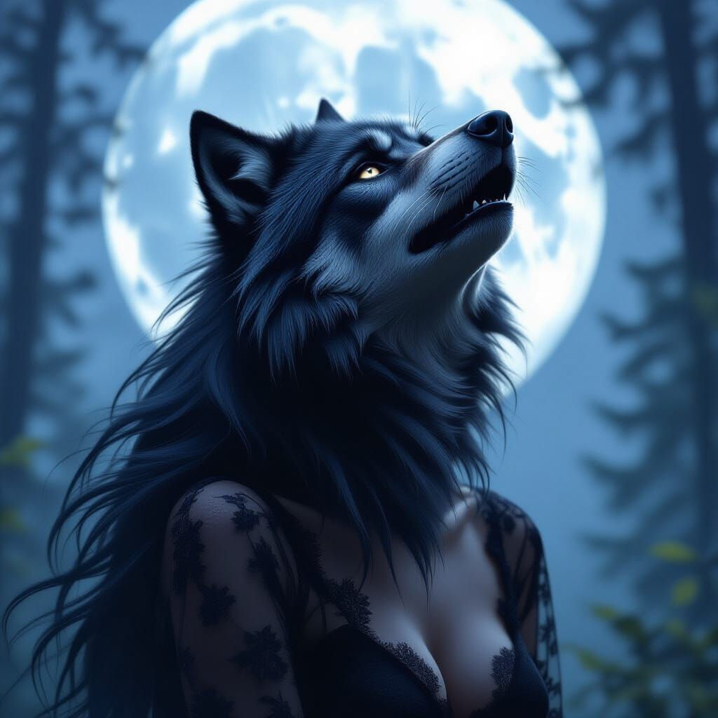Werewolf Howling at Moon in Lace Nightgown