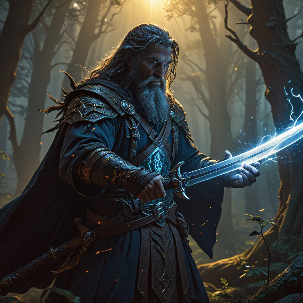 Heroic Wizard Wields Magic Sword in Vibrant Fantasy Landscap...