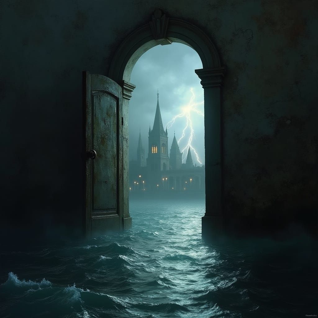 Underwater Door Reveals Stormy City