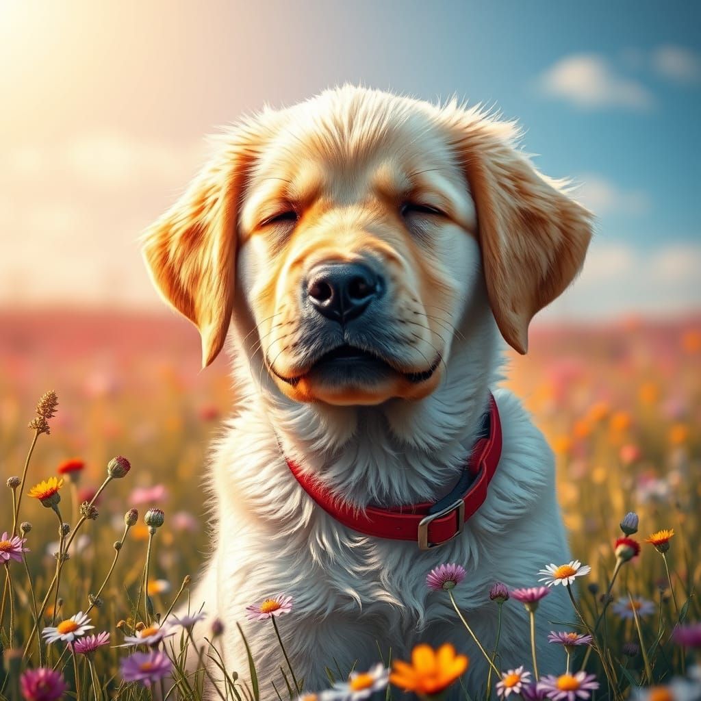 Hyperrealistic Labrador Puppy Smiling in Wildflower Meadow