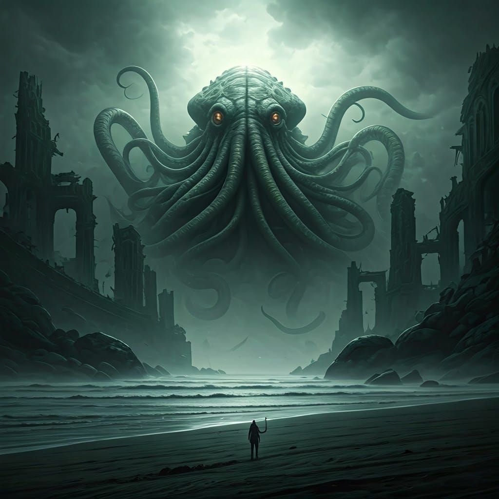 Eldritch Leviathan Rising from Fog: Cosmic Horror Art