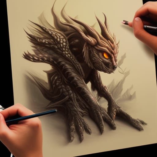 Hyperdetailed Crayon Dragon Drawing on Table