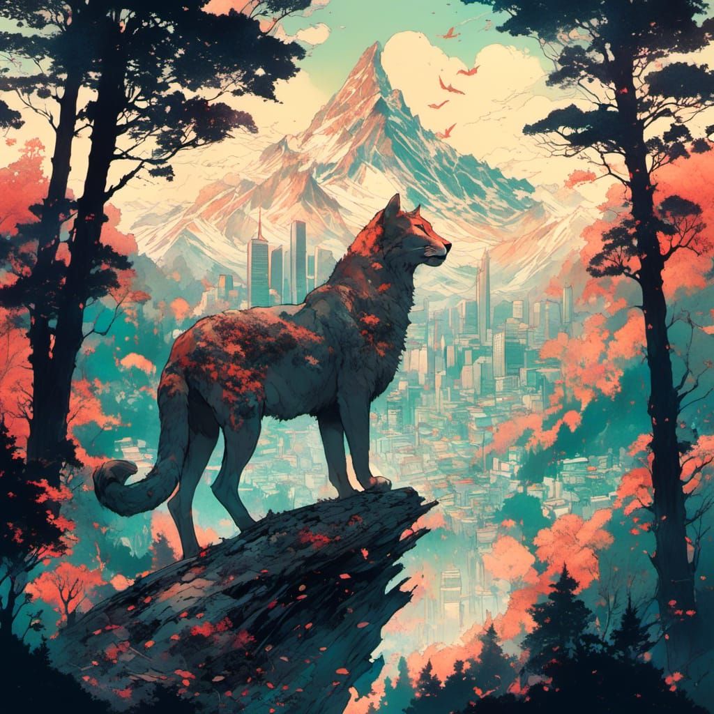 Cougar Silhouette Double Exposure Illustration