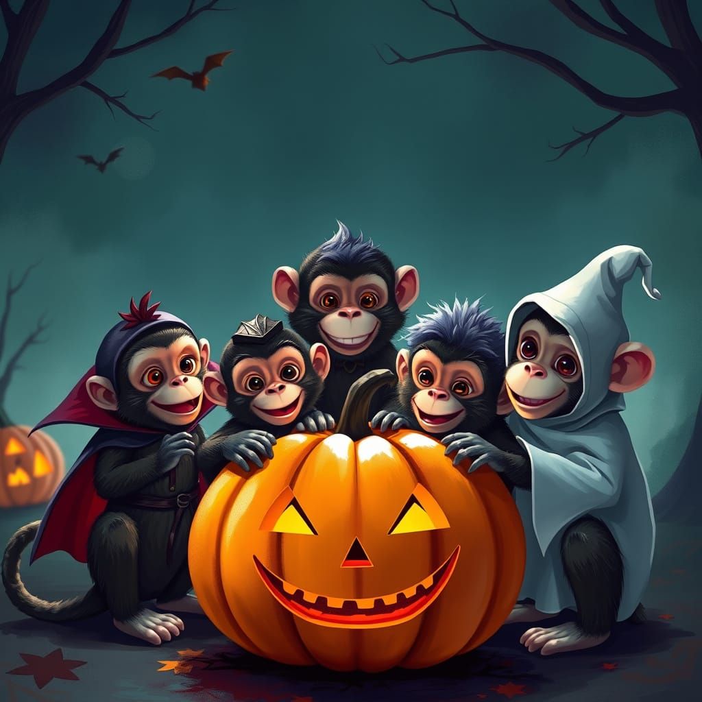 Monkeys in Whimsical Halloween Costumes with Jack-o'-lantern