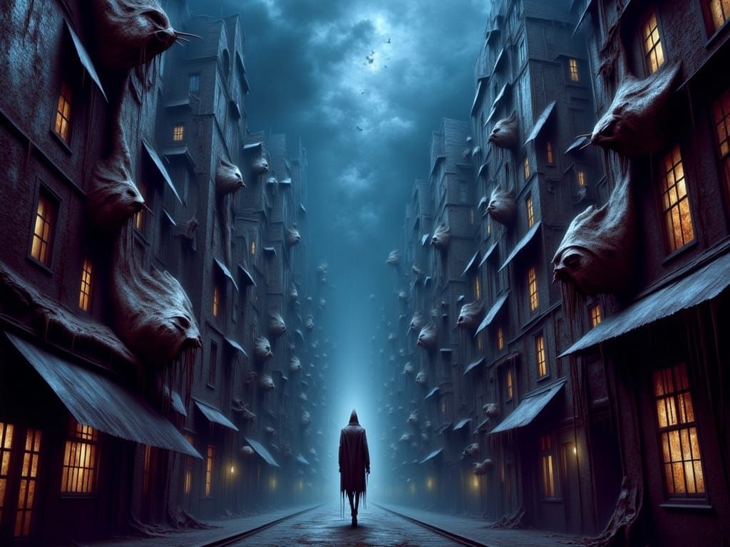 Surreal Fractured Cityscape at Midnight