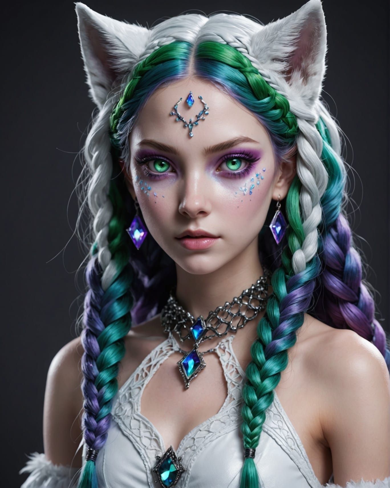 Realistic Wolf-Cat Girl with Glistening Eyes