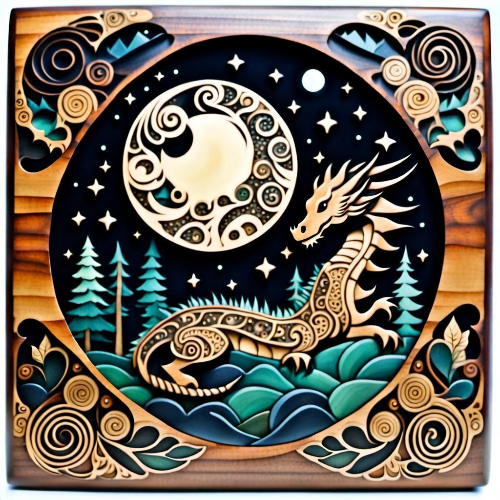 Intricate Wooden Puzzle Box with Dragon Pieces