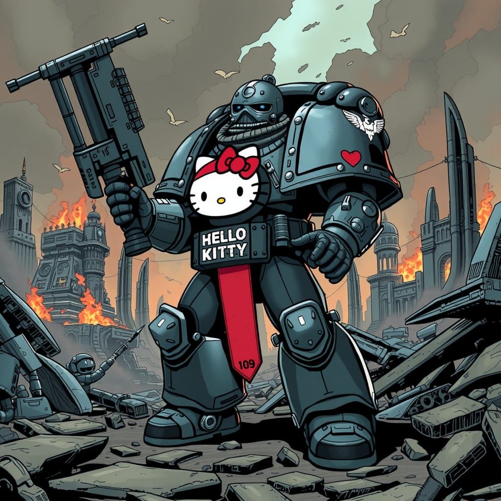 Hello Kitty Space Marine in Warhammer 40K Style