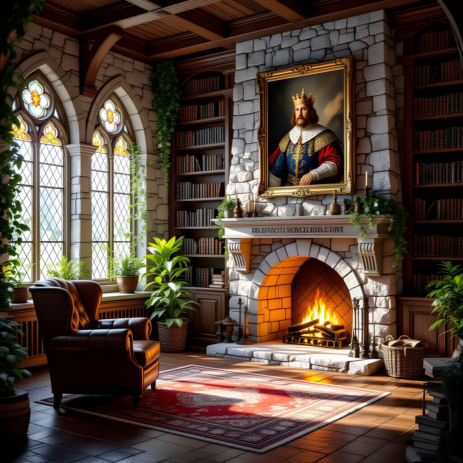 Cozy Medieval Library with Fireplace & Stained Glass