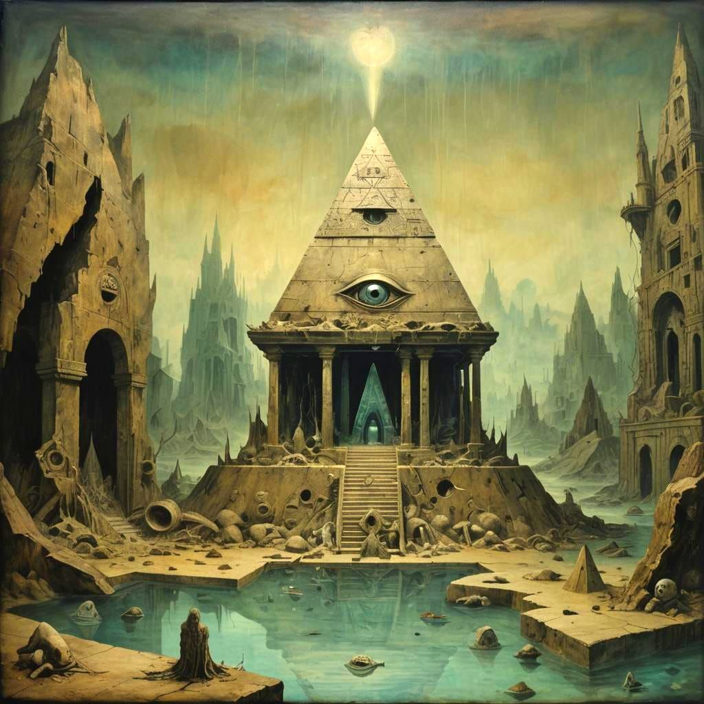Surreal Underwater Cryptid Temple with Obsidian Pyramid