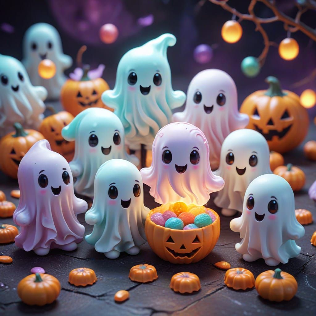 Cute Chibi Candies and Ghosts Trick-or-Treating
