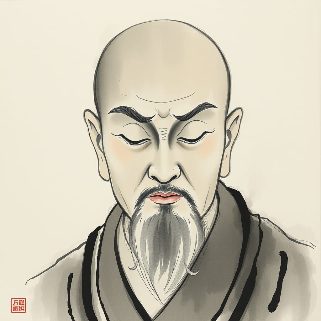 Serene Buddhist Monk in Chinese Ink Painting Style