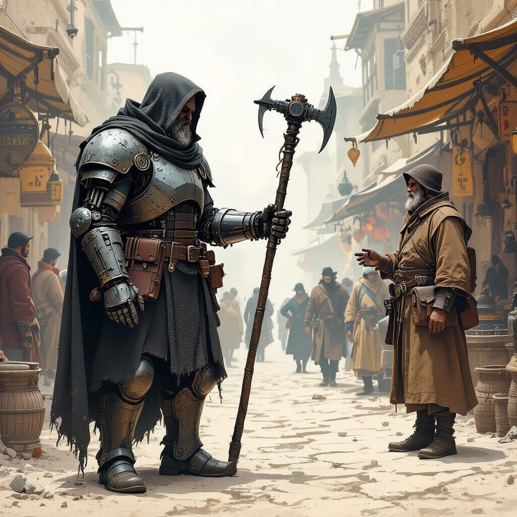 Medieval Soldier-Mechanic Talks to Merchants