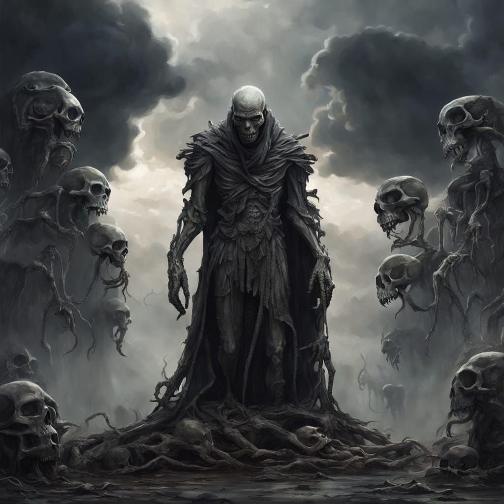 Macabre Surrealist Creature Amidst a Pile of Grey Skulls in...