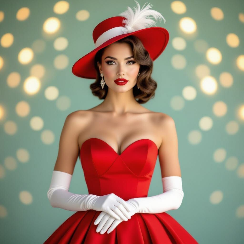 A stunning pinup-style photograph of an exquisite, ravishing beauty in a vibrant 1950s fashion. The model, named Rose, h...