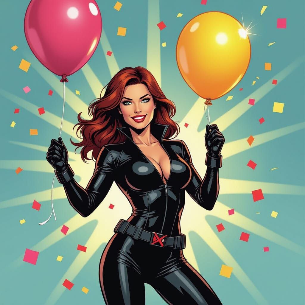 Black Widow Celebrates with a Popped Balloon