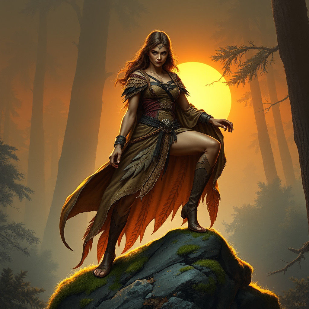 Regal Raptor Woman in Prehistoric Forest