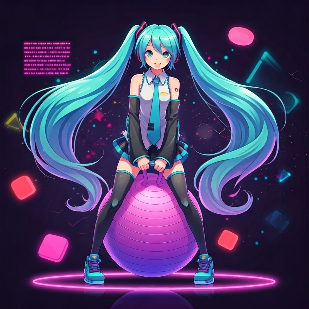 Vibrant Video Game Goddess Bounces on Colorful Exercise Ball