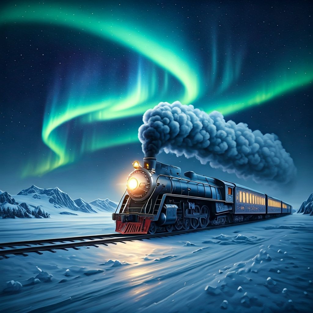 Magical Winter Train Under Aurora Borealis, Fantasy Art