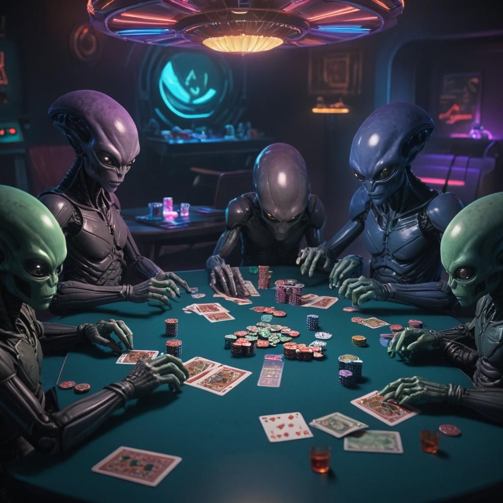 Alien Babies Play Poker in Neon Futuristic Art