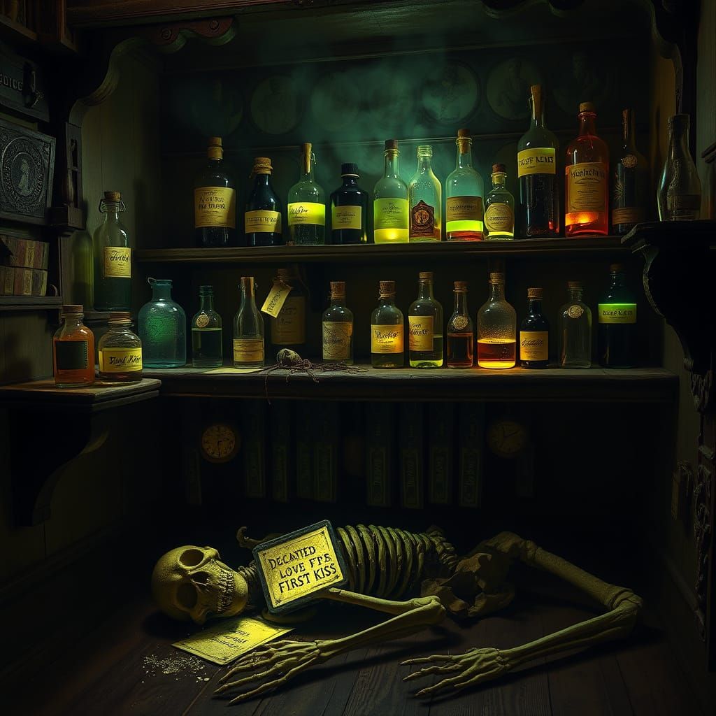 Mystical Apothecary in Shadows, Illuminated by Glowing Potio...