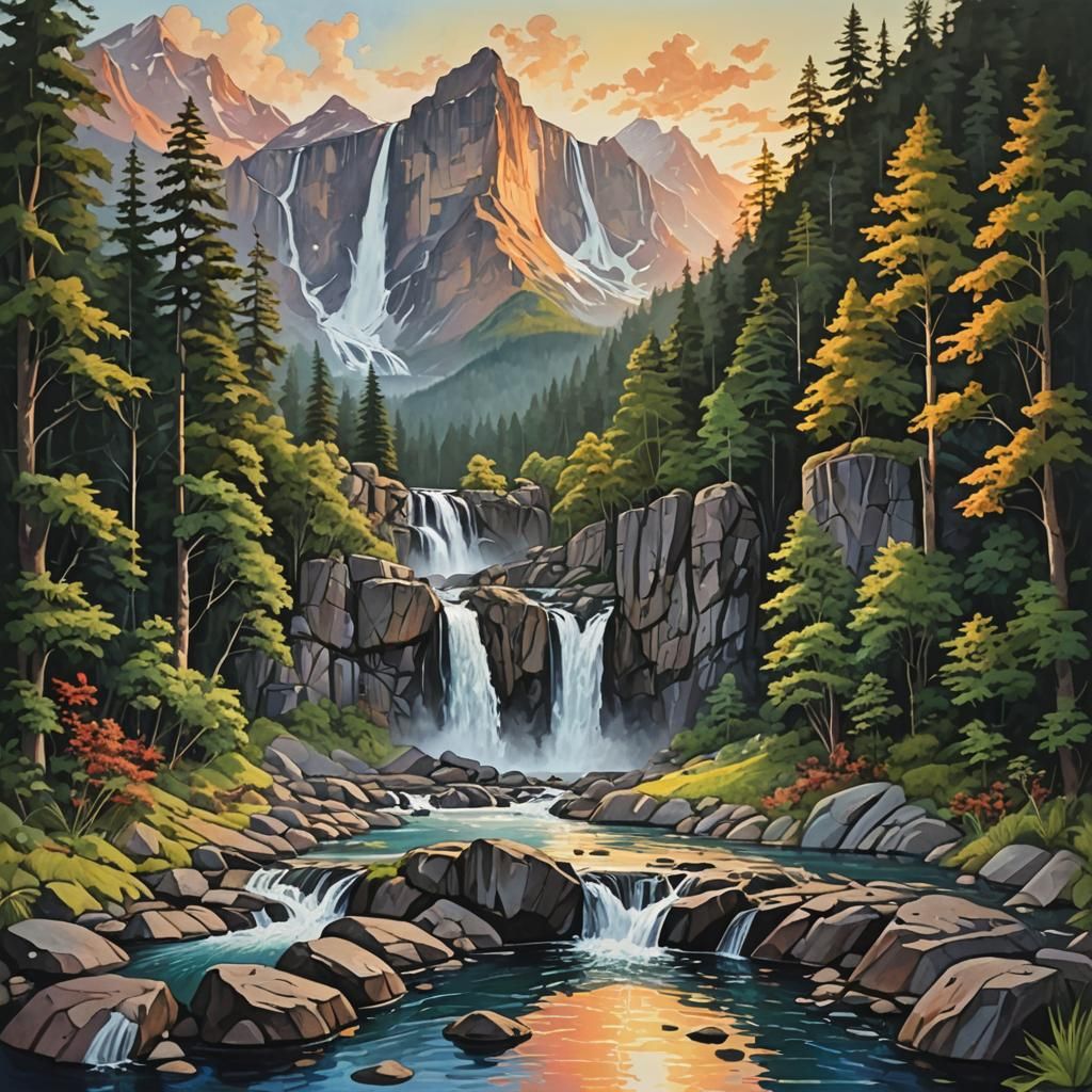 Epic Mountain Range: Gouache Sunset Waterfall Scene