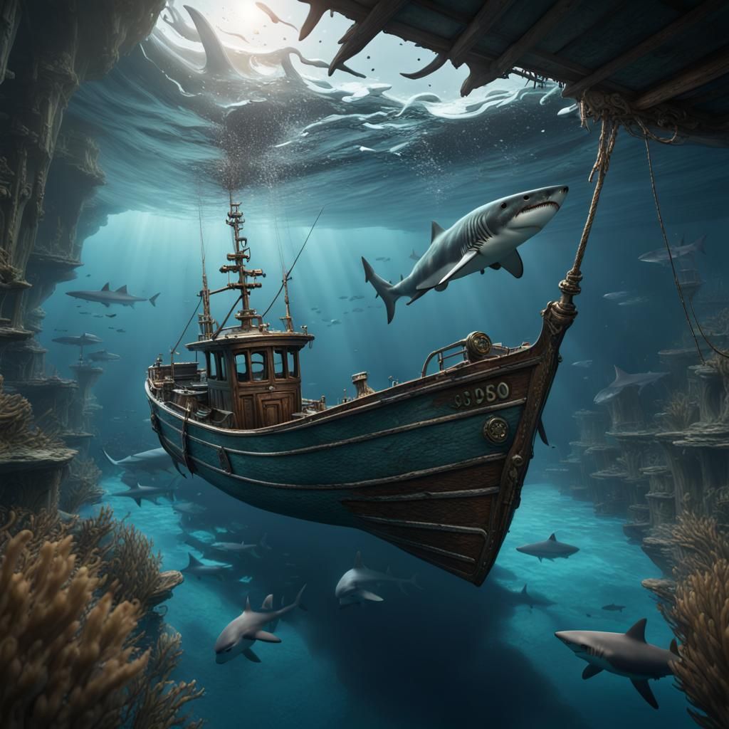 Fishing Boat and Shark in Detailed Matte Painting
