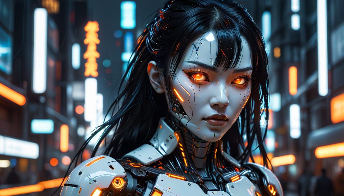 Cyberpunk Android with Neon City Reflection