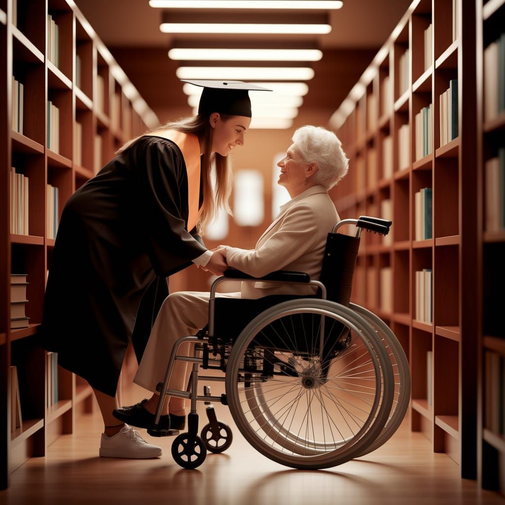 Tender Moment: Graduate Helping Senior in Library