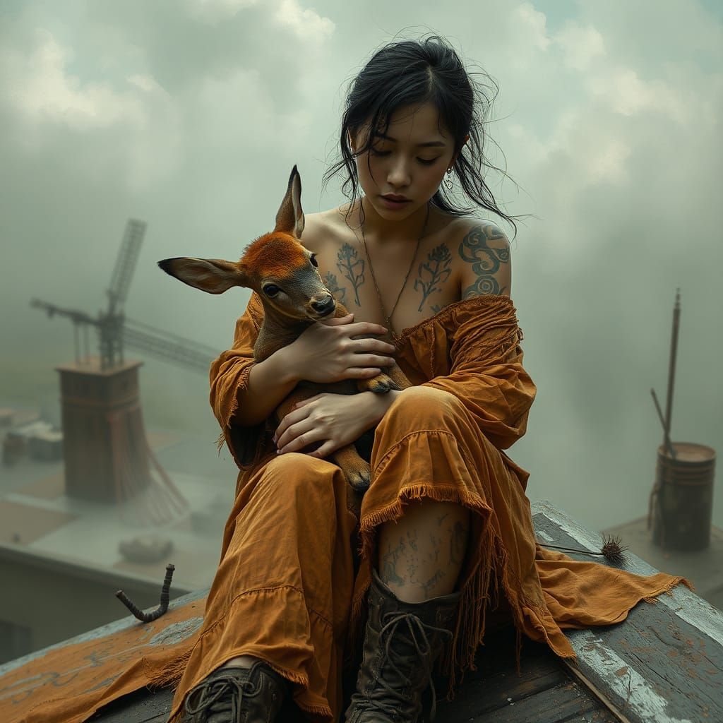 Woman and Deer on Apocalyptic Rooftop