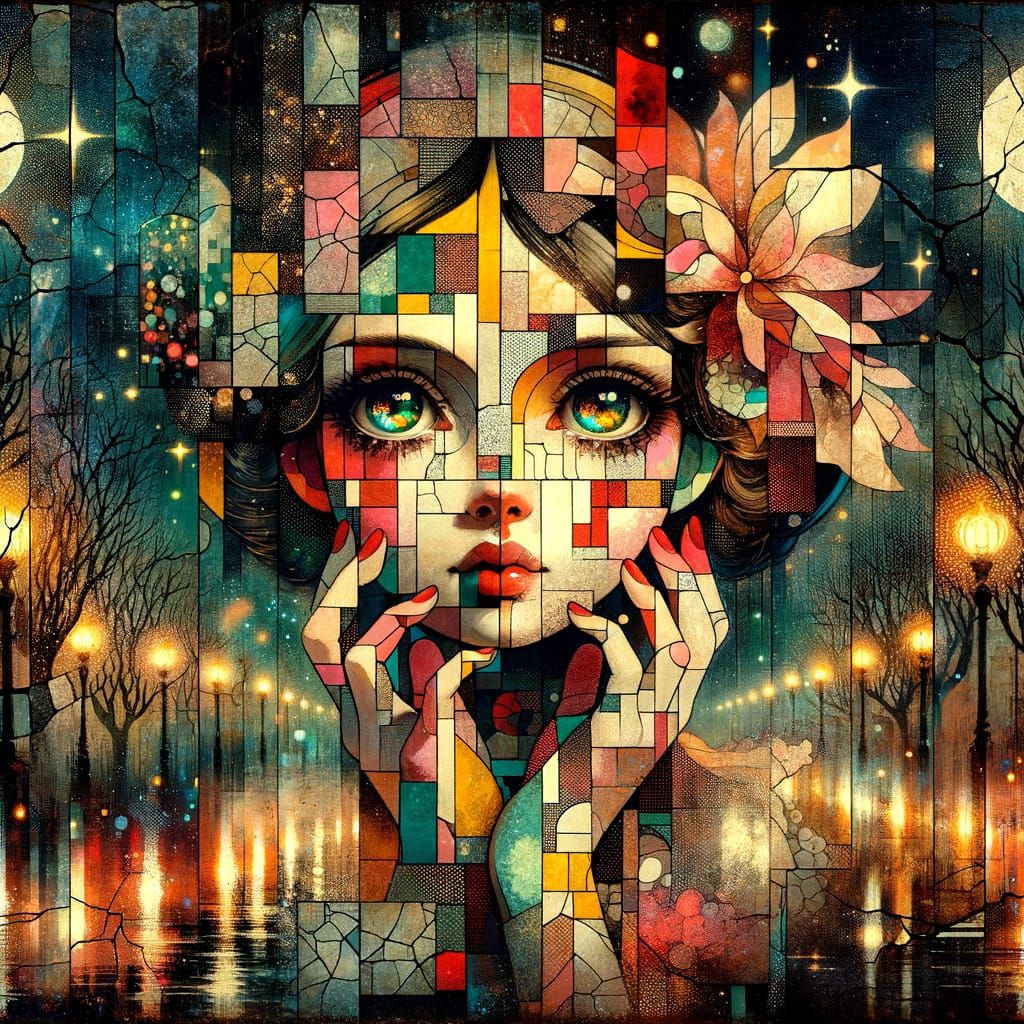 Double Exposed Lady Portrait in Night Forest