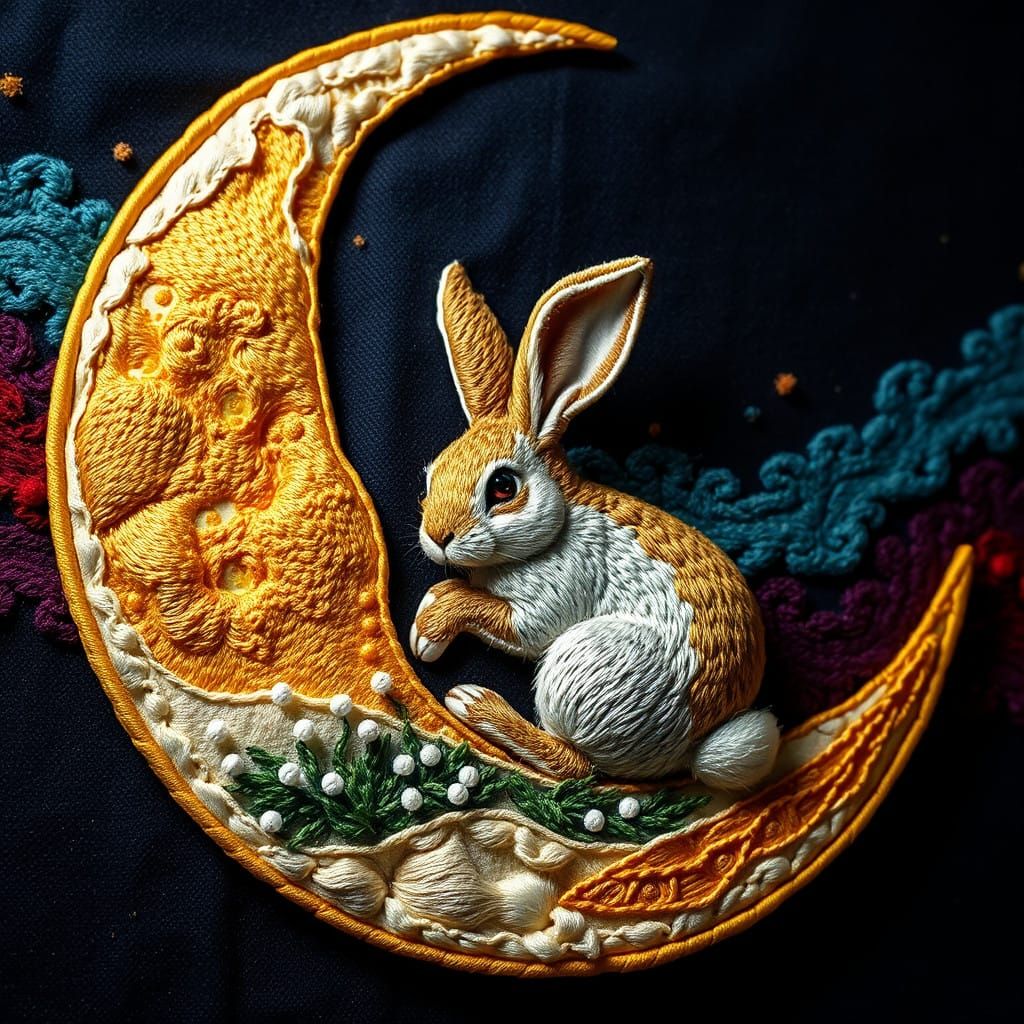 Hyperrealistic Embroidered Moon Scene Depicting a Rabbit in...