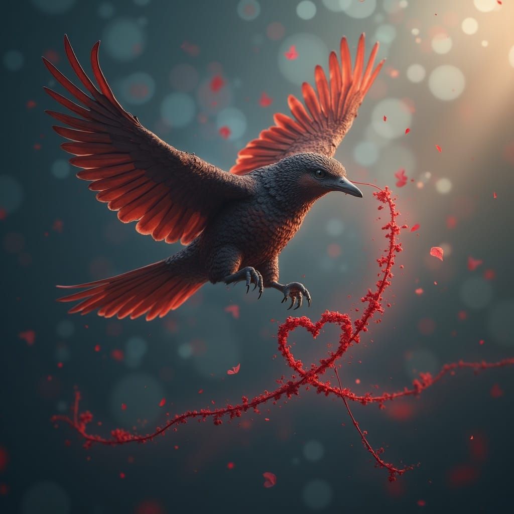 Bird Carrying Red String of Fate in Fantastical Matte Painti...