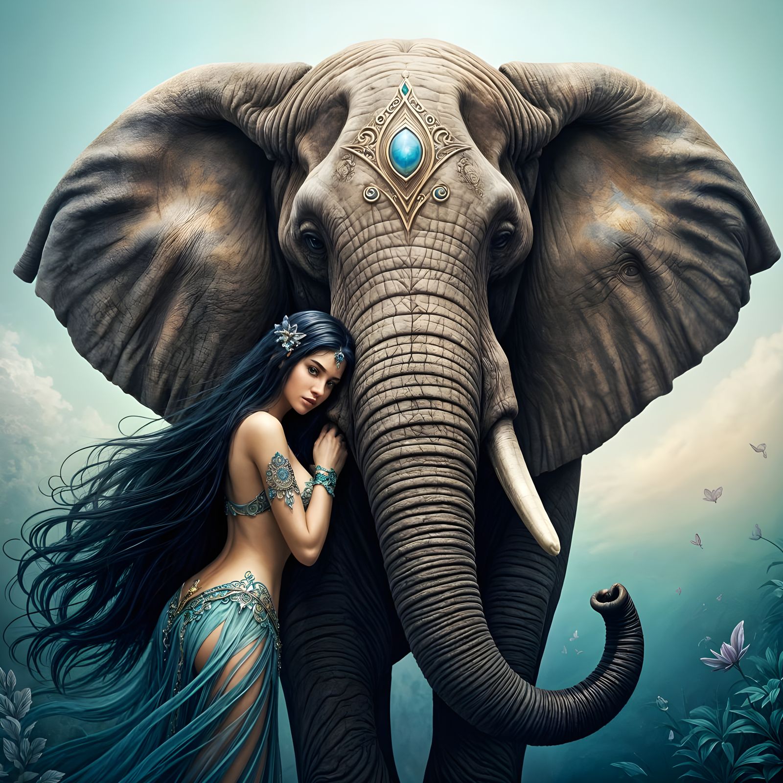 Elephant and Woman in Dreamlike Fantasy Art