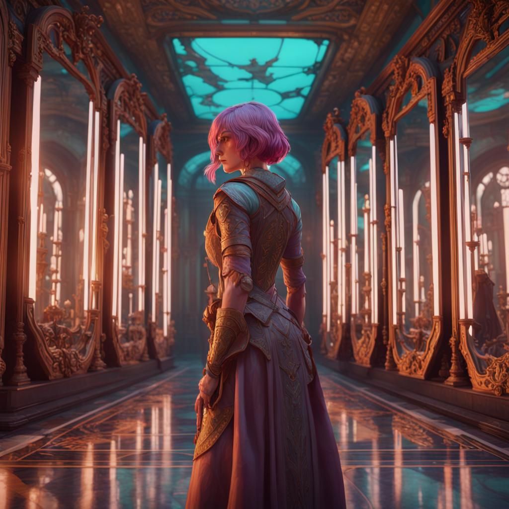 Pink-Haired Woman in Mirrored Room, Digital Art