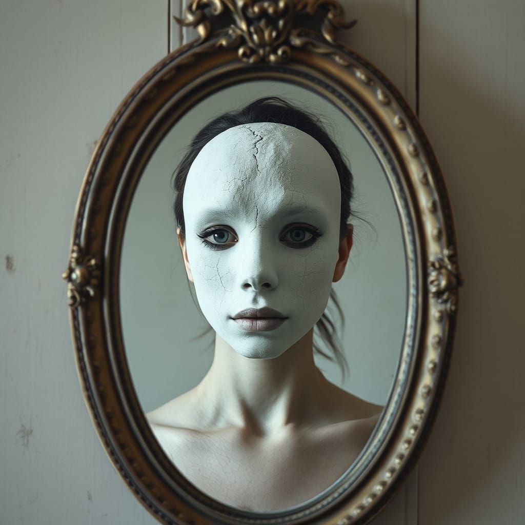 Surreal Woman Trapped in a Crackled White Mask in Antique Mi...